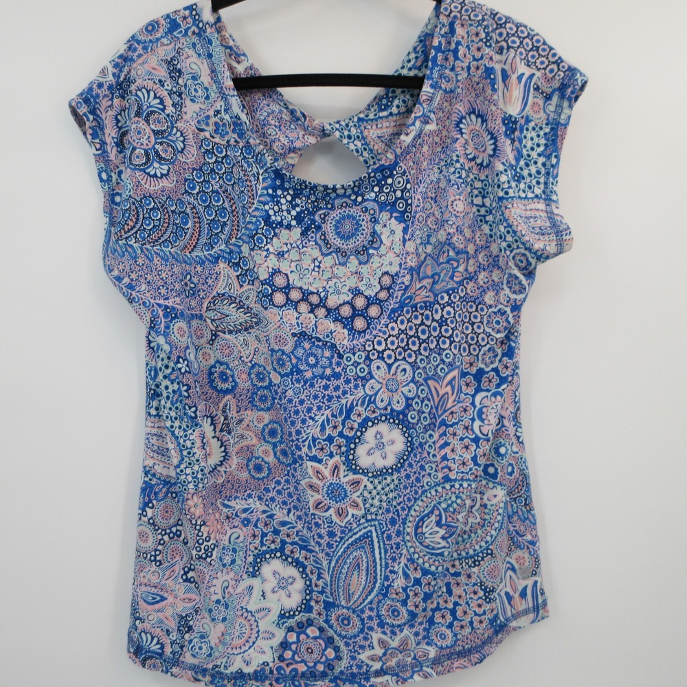 T by Talbots Womens Blue Pink Paisley Keyhole Back Short Sleeve Active Top L